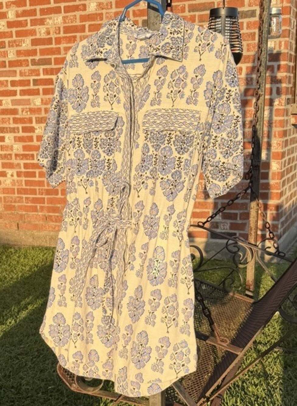 Omika Women's Size S Blue White Floral Collared Button Short Sleeve Shirt Dress
